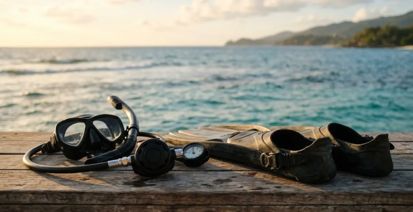 Scuba diving equipment and financial planning materials for a Tenerife vacation