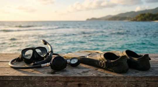 Scuba diving equipment and financial planning materials for a Tenerife vacation