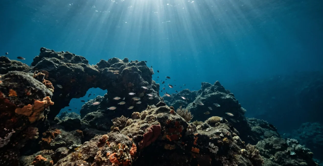 Underwater view of Tenerife's marine ecosystem showing volcanic reef structures with diverse marine life threatened by invasive species