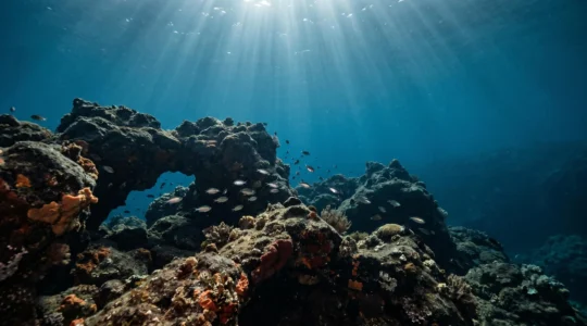 Underwater view of Tenerife's marine ecosystem showing volcanic reef structures with diverse marine life threatened by invasive species