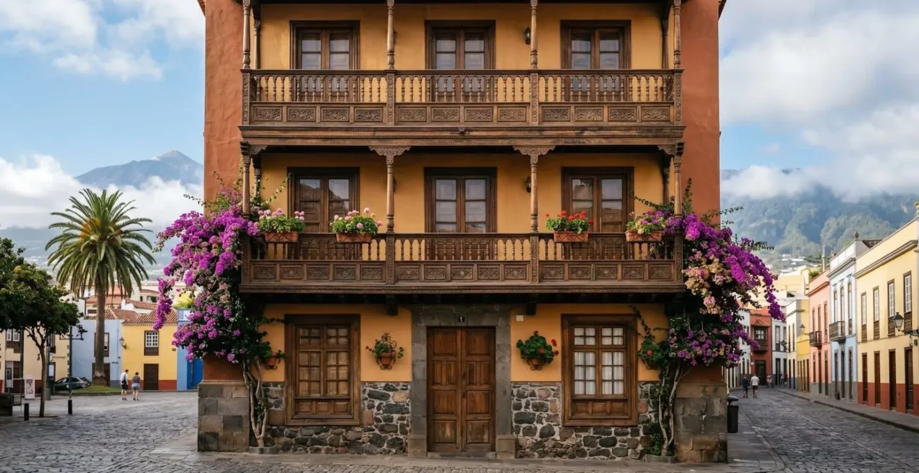 Ornately carved wooden balcony on a colorful Canarian colonial building in Tenerife