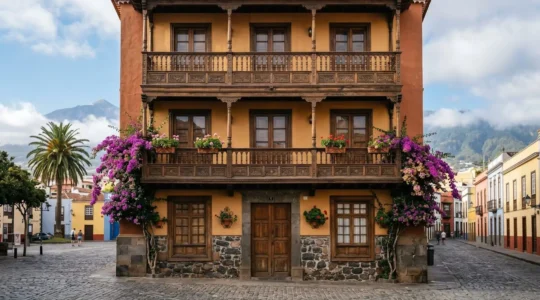 Ornately carved wooden balcony on a colorful Canarian colonial building in Tenerife