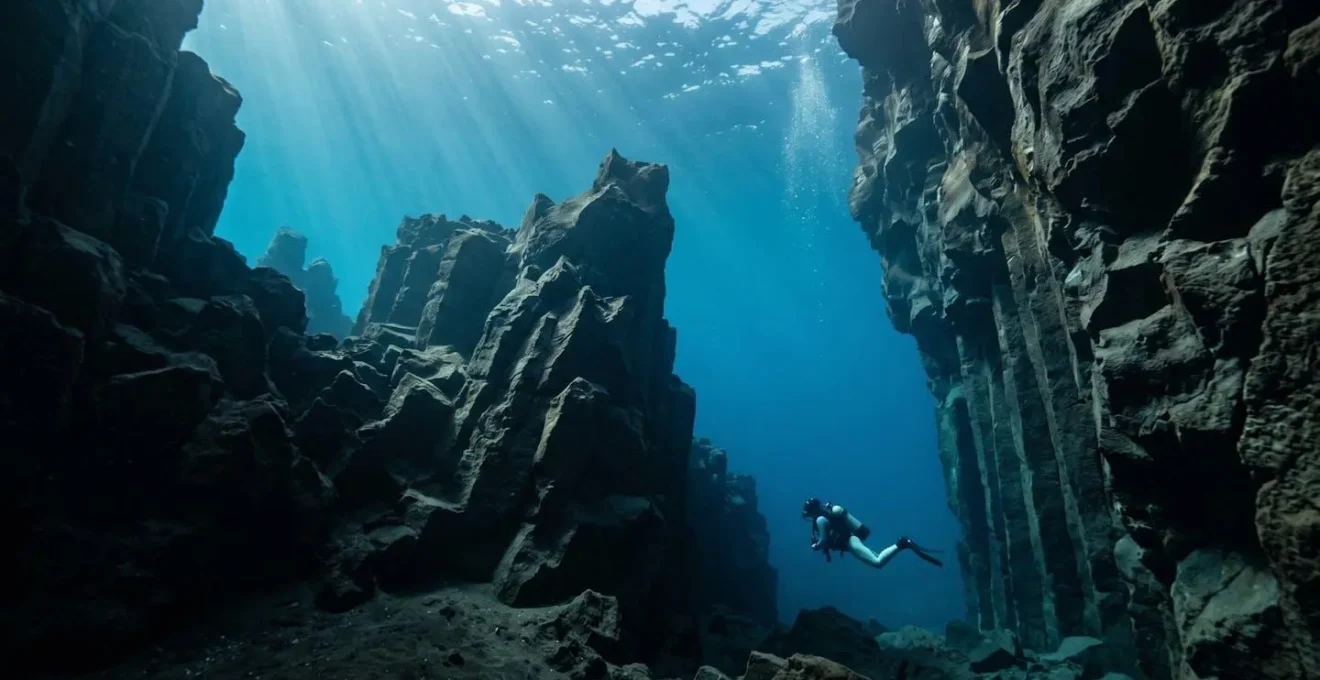 Dramatic underwater volcanic landscape with dark basalt rock formations and pristine water clarity in Tenerife