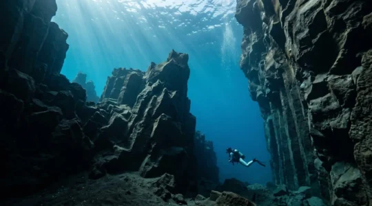 Dramatic underwater volcanic landscape with dark basalt rock formations and pristine water clarity in Tenerife