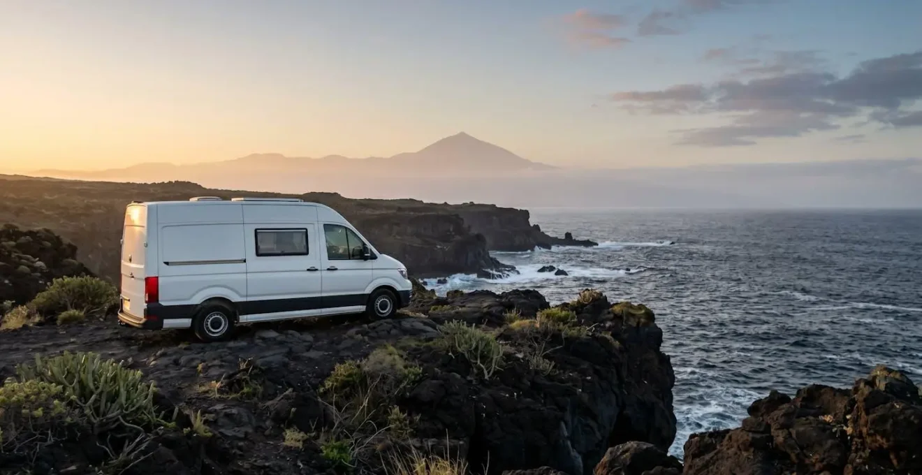 Campervan parked on remote volcanic terrain with dramatic Tenerife coastline and Mount Teide in background at golden hour