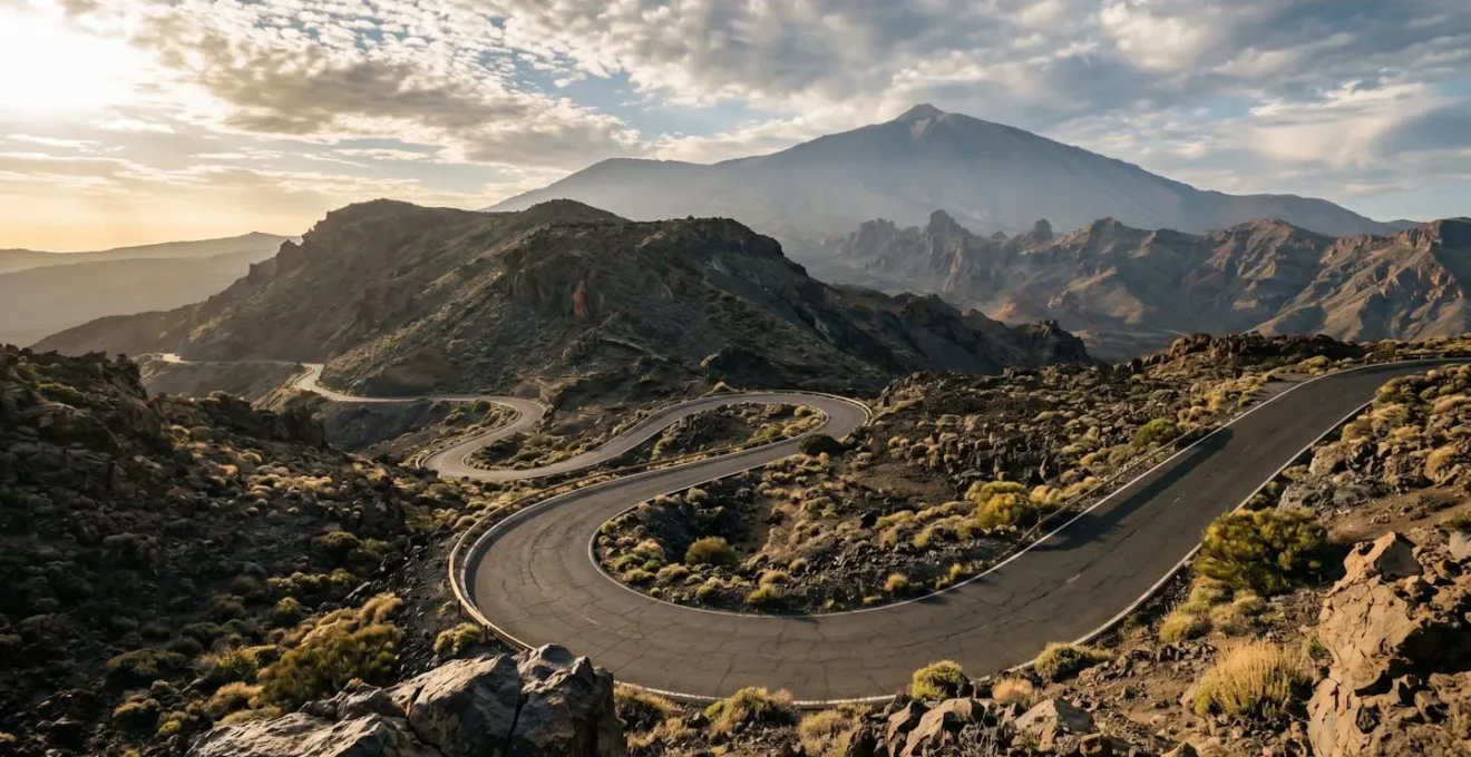 Dramatic volcanic mountain road with steep hairpin curves ascending through Tenerife landscape