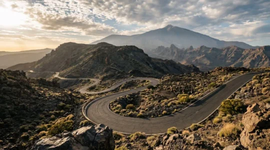 Dramatic volcanic mountain road with steep hairpin curves ascending through Tenerife landscape