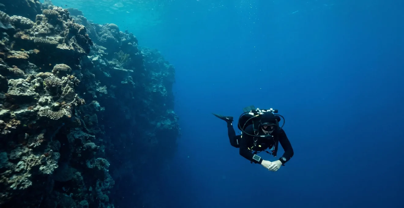 Scuba diver at vertical reef wall checking dive computer display during enriched air nitrox dive