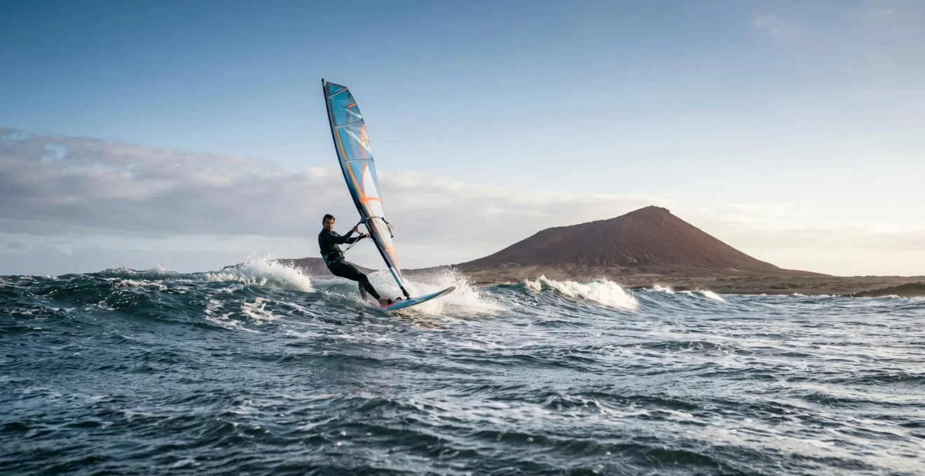 Windsurfer navigating choppy Atlantic swell in El Médano with colorful sail against volcanic landscape backdrop